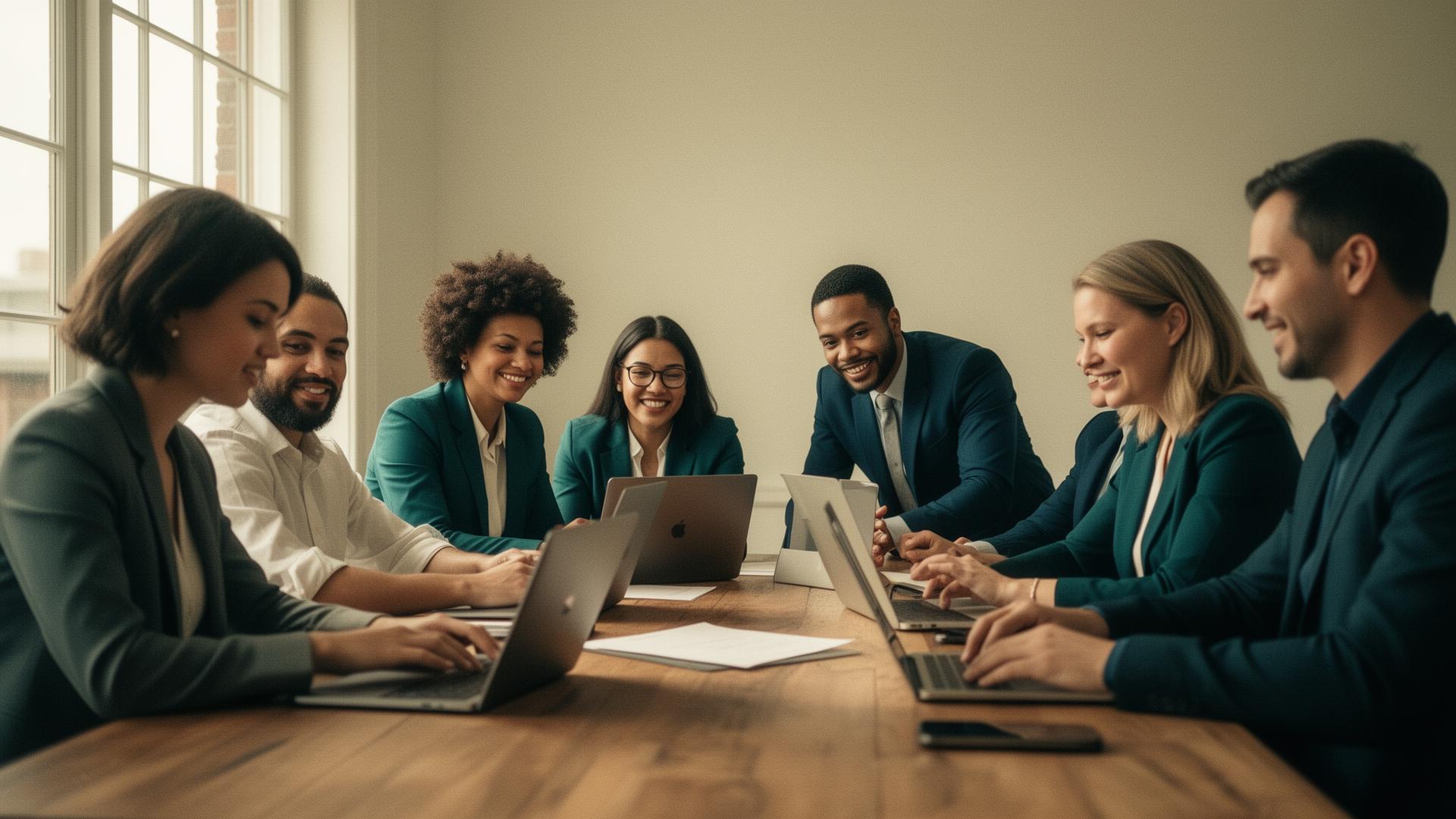 Insurance professionals working together around a table with laptops