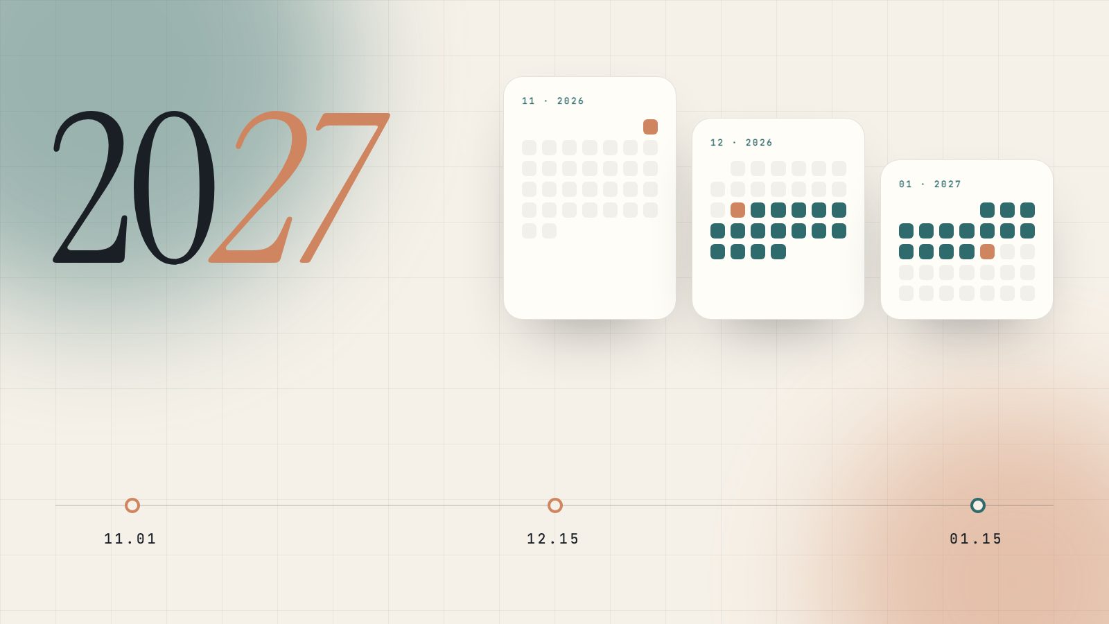 Illustration of the Open Enrollment 2027 calendar with November 1, December 15 and January 15 highlighted